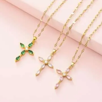 Cross Necklace for Women Diamond Cross Pendant Necklace Cubic Zirconia Crystal Birthstone Cross Necklace Religious Gifts for Women Style1 White