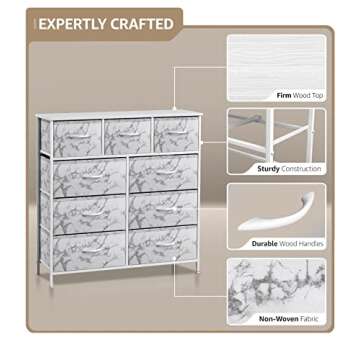 Sorbus Dresser with 9 Drawers - Furniture Storage Chest Tower Unit for Bedroom, Hallway, Closet, Office Organization - Steel Frame, Wood Top, Easy Pull Fabric Bins (Marble White – White Frame)