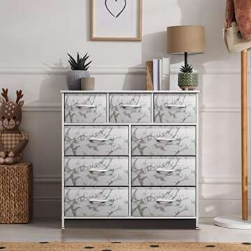 Sorbus Dresser with 9 Drawers - Furniture Storage Chest Tower Unit for Bedroom, Hallway, Closet, Office Organization - Steel Frame, Wood Top, Easy Pull Fabric Bins (Marble White – White Frame)