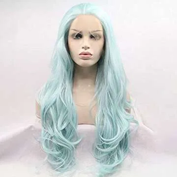 Baby Blue Wig Best Blue Synthetic Lace Front Wigs for Women Long Wavy Hair Wig Realistic Ice Blue Synthetic Heat Resistant Fiber Hair Full Density Natural Hairline Lace Wig Cospaly Daily 24 Inch