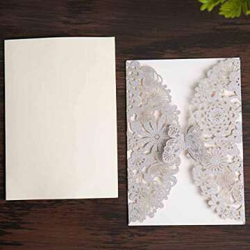 Jofanza 5X7.3 Inch 20PCS Silver Glitter Laser Cut Wedding Invitations with Butterfly and Envelopes L...