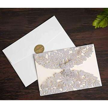 Jofanza 5X7.3 Inch 20PCS Silver Glitter Laser Cut Wedding Invitations with Butterfly and Envelopes Lace Flora Invitations Cards for Quinceañera Birthday Party Invites