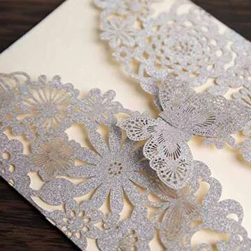 Jofanza 5X7.3 Inch 20PCS Silver Glitter Laser Cut Wedding Invitations with Butterfly and Envelopes Lace Flora Invitations Cards for Quinceañera Birthday Party Invites