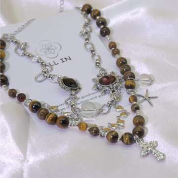 wolin Health Wealth Love Healing Lucky Necklace Choker Trendy 2024 Necklace for Women, Men Maximalist Jewelry (amber bead with silver cross pendent)