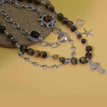 wolin Health Wealth Love Healing Lucky Necklace Choker Trendy 2024 Necklace for Women, Men Maximalist Jewelry (amber bead with silver cross pendent)