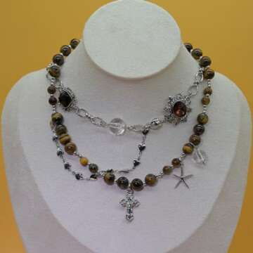 wolin Health Wealth Love Healing Lucky Necklace Choker Trendy 2024 Necklace for Women, Men Maximalist Jewelry (amber bead with silver cross pendent)