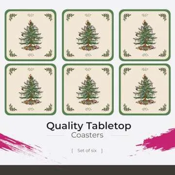 Spode Christmas Tree Holiday Coasters (Set of 6) - Cork Backed Board, Heat and Stain Resistant Drink Coasters - Durable Tabletop Protection, Festive Coasters for Home Décor (4" x 4")