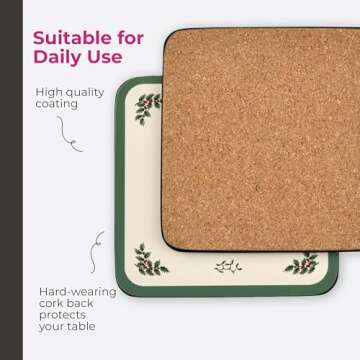 Spode Christmas Tree Holiday Coasters (Set of 6) - Cork Backed Board, Heat and Stain Resistant Drink Coasters - Durable Tabletop Protection, Festive Coasters for Home Décor (4" x 4")