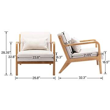 DM-Furniture Modern Accent Chair Oak Wooden Armchair Linen Fabric Upholstered Side Chair for Living Room Bedroom Restaurant, Beige