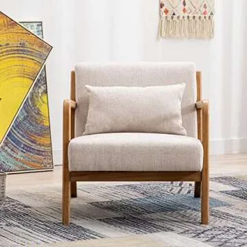 DM-Furniture Modern Accent Chair Oak Wooden Armchair Linen Fabric Upholstered Side Chair for Living Room Bedroom Restaurant, Beige