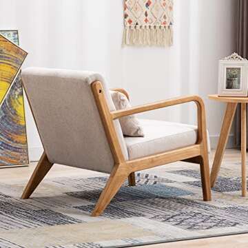 DM-Furniture Modern Accent Chair Oak Wooden Armchair Linen Fabric Upholstered Side Chair for Living Room Bedroom Restaurant, Beige