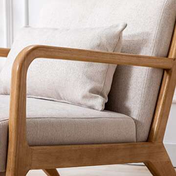 DM-Furniture Modern Accent Chair Oak Wooden Armchair Linen Fabric Upholstered Side Chair for Living Room Bedroom Restaurant, Beige