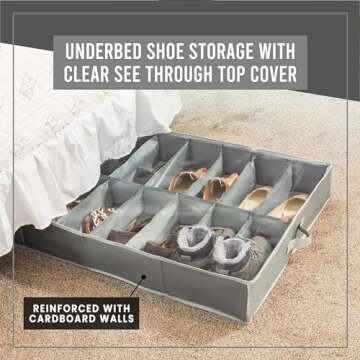 HOLDN' STORAGE Under Bed Shoe Organizer - Set of 2, Tear-Resistant 600D Material, Grey, Transparent ...