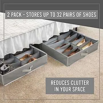 HOLDN' STORAGE Under Bed Shoe Organizer - Set of 2, Tear-Resistant 600D Material, Grey, Transparent Cover, Holds Up to 32 Pairs of Shoes