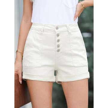 Sidefeel Womens Jean Shorts Summer High Waisted Stretchy Buttoned Folded Hem Denim Shorts White Size...
