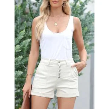 Sidefeel Womens Jean Shorts Summer High Waisted Stretchy Buttoned Folded Hem Denim Shorts White Size 16
