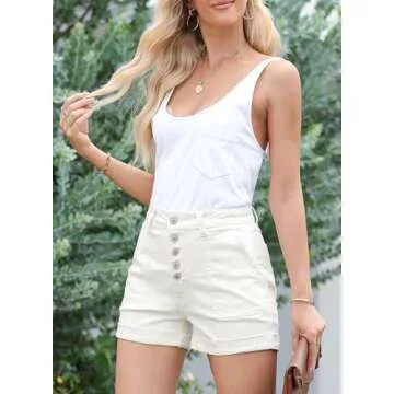 Sidefeel Womens Jean Shorts Summer High Waisted Stretchy Buttoned Folded Hem Denim Shorts White Size 16
