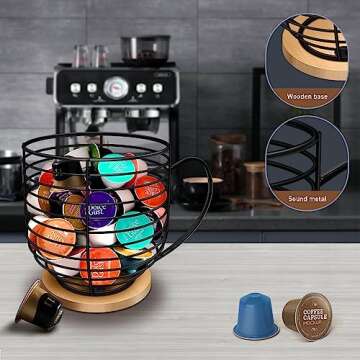 BYTEAIDREX Coffee Pod Holders for Counter - K Cup Holders for Counter - Coffee Pods Storage Organizer - Coffee Bar Accessories - Large Capacity Black Wire Kup Storage with Wooden Base.