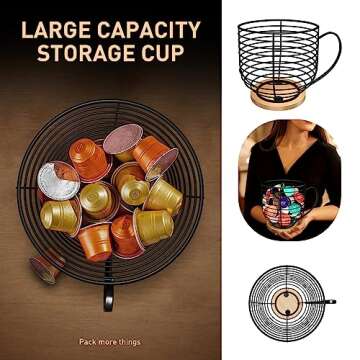 BYTEAIDREX Coffee Pod Holders for Counter - K Cup Holders for Counter - Coffee Pods Storage Organizer - Coffee Bar Accessories - Large Capacity Black Wire Kup Storage with Wooden Base.