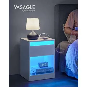 VASAGLE LED Nightstand with Charging Station, Adjustable Light Colors, 2 AC Outlets, 2 USB Ports, Bedside Table, Side Table with Drawer, Modern, 13.8 x 15.7 x 21.7 Inches, Cloud White ULET618T14V1