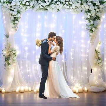 White Tulle Backdrop Curtain with Lights for Events 10x8ft