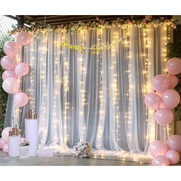 White Tulle Backdrop Curtain with Lights for Events 10x8ft