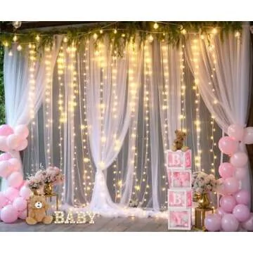 White Tulle Backdrop Curtain with Lights for Events 10x8ft