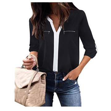 Gaharu Petites Blouses for Women Black Blouses Henley V Neck Casual Business Office Shirts Roll Slee...