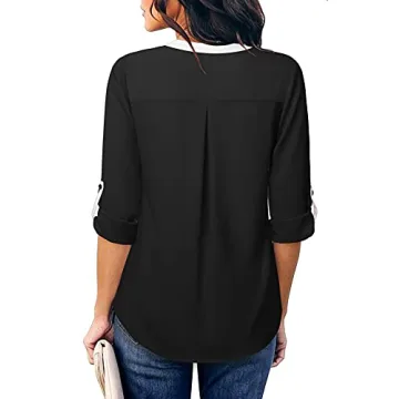 Gaharu Petites Blouses for Women Black Blouses Henley V Neck Casual Business Office Shirts Roll Sleeve Fall Tunic Top Black,Small