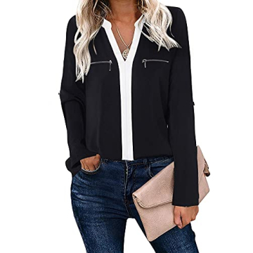 Gaharu Petites Blouses for Women Black Blouses Henley V Neck Casual Business Office Shirts Roll Sleeve Fall Tunic Top Black,Small