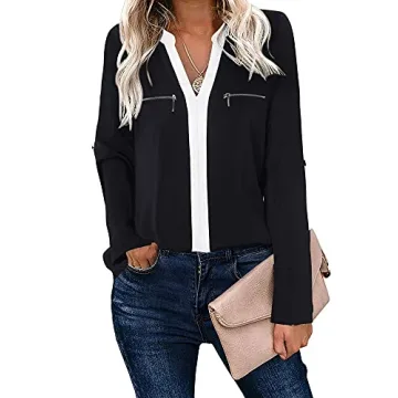 Gaharu Petites Blouses for Women Black Blouses Henley V Neck Casual Business Office Shirts Roll Sleeve Fall Tunic Top Black,Small