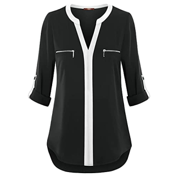Gaharu Petites Blouses for Women Black Blouses Henley V Neck Casual Business Office Shirts Roll Sleeve Fall Tunic Top Black,Small