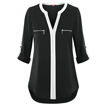 Gaharu Petites Blouses for Women Black Blouses Henley V Neck Casual Business Office Shirts Roll Sleeve Fall Tunic Top Black,Small