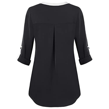 Gaharu Petites Blouses for Women Black Blouses Henley V Neck Casual Business Office Shirts Roll Sleeve Fall Tunic Top Black,Small