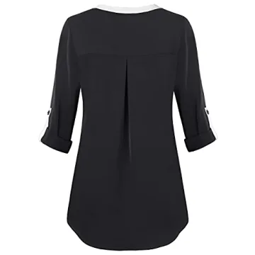 Gaharu Petites Blouses for Women Black Blouses Henley V Neck Casual Business Office Shirts Roll Sleeve Fall Tunic Top Black,Small