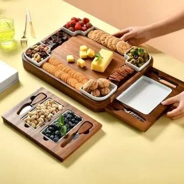 Shanik Wood - Marble Cheese Board Set with 3 Ceramic Bowls - Stainless Steel Cutlery Set, Charcuterie Board & Gift for Any Occasion (Without Engraving)