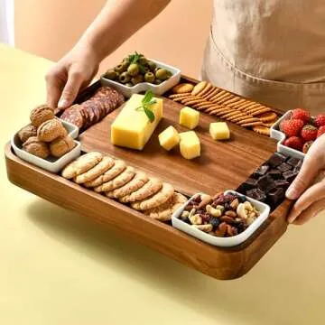 Shanik Wood - Marble Cheese Board Set with 3 Ceramic Bowls - Stainless Steel Cutlery Set, Charcuterie Board & Gift for Any Occasion (Without Engraving)