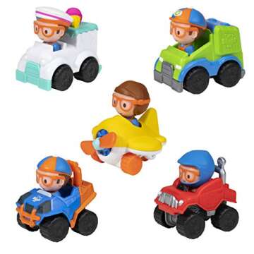 Blippi Mini Mobiles, 5 Pack Mini Vehicles - Features Character Toy Figure In Each Vehicle: Mobile/Car, Monster Truck, Recycle Truck, Ice Cream Truck, and Airplane - Educational Toys for Young Children