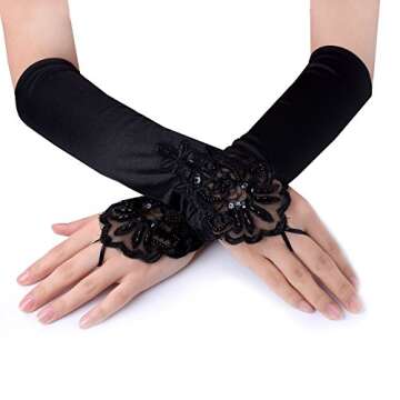 JISEN Lady Fingerless Beaded Floral Embroidery Lace Sequins Satin Gloves Black