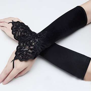 JISEN Lady Fingerless Beaded Floral Embroidery Lace Sequins Satin Gloves Black