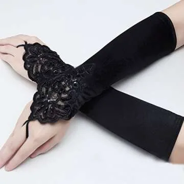 JISEN Lady Fingerless Beaded Floral Embroidery Lace Sequins Satin Gloves Black