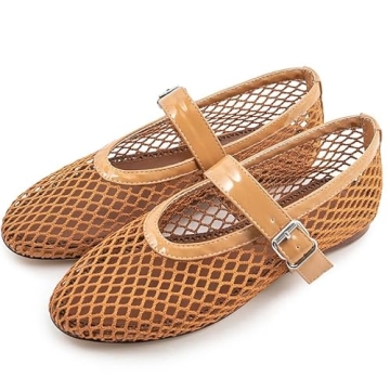 AMINUGAL Mesh Ballet Flats Shoes for Women Fashion Round Toe Fishnet Gold Flats for Women Buckle Strap Mary Jane Shoes Women Comfy Casual Office Daily Dress Ballerina Shoes Size 8.5
