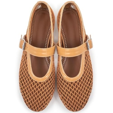 AMINUGAL Mesh Ballet Flats Shoes for Women Fashion Round Toe Fishnet Gold Flats for Women Buckle Strap Mary Jane Shoes Women Comfy Casual Office Daily Dress Ballerina Shoes Size 8.5