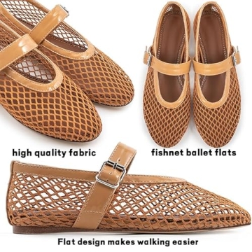 AMINUGAL Mesh Ballet Flats Shoes for Women Fashion Round Toe Fishnet Gold Flats for Women Buckle Strap Mary Jane Shoes Women Comfy Casual Office Daily Dress Ballerina Shoes Size 8.5