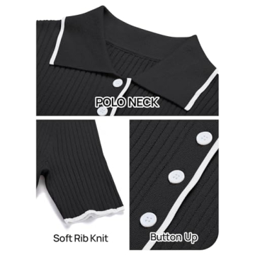 MEROKEETY Women's V Neck Ribbed Knit Midi Dress Short Sleeve Button Elegant Bodycon Sweater Dresses, Black, Small