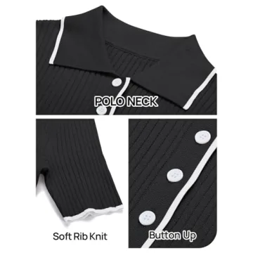 MEROKEETY Women's V Neck Ribbed Knit Midi Dress Short Sleeve Button Elegant Bodycon Sweater Dresses, Black, Small