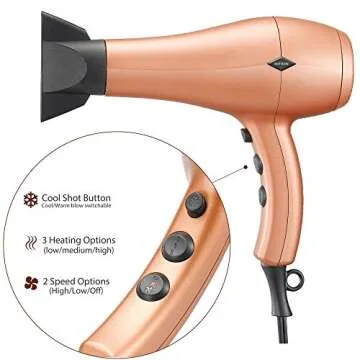NITION Negative Ions Ceramic Hair Dryer with Diffuser(Large Size 5.3 inch) Attachment Ionic Blow Dryer Quick Drying,1875 Watt 2 Speed / 3 Heat Settings,Cool Shot Button,Lightweight,Gold