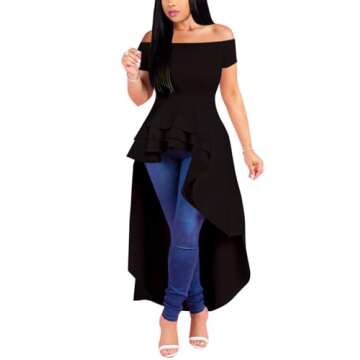 Lrady Womens Off Shoulder Tops High Low Short Sleeve Ruffle Peplum Tunic Party Blouse Casual Shirt Dress Black 2XL