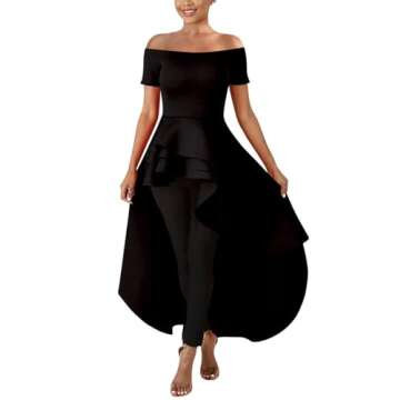 Lrady Womens Off Shoulder Tops High Low Short Sleeve Ruffle Peplum Tunic Party Blouse Casual Shirt Dress Black 2XL