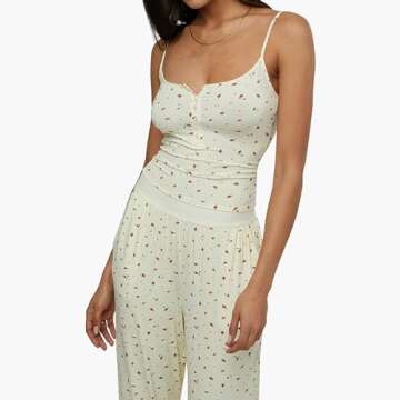 DSORVICD Women Y2k 2 Piece Pajamas Outfits Summer Solid Color/Plaid Print U-Neck Camisole + Long Pants Sleep Set Loungewear (Beige, S)